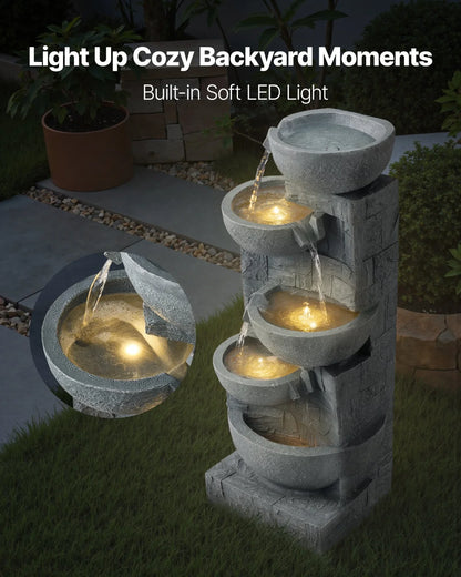 VEVOR Outdoor Water Fountain, 31.5 in Height Fountain and Waterfall, 5-Tier Floor Standing Bowl-Shaped Cascading Fountains with LED Light and Pump, for Outdoor Indoor Garden, Home, Patio & Backyard - View 5