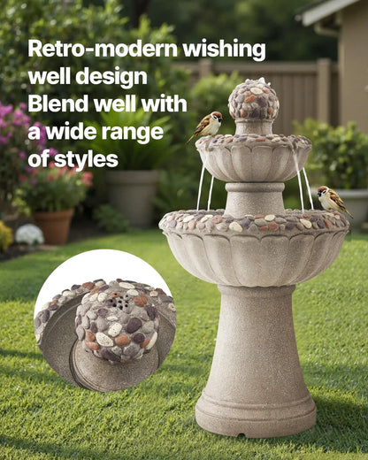VEVOR Outdoor Water Fountain, 36.5 in Height Fountain and Waterfall, 2-Tier Floor Standing Rock Base Style Fiberglass and Resin Fountains with Pump, for Outdoor Indoor Garden, Home, Patio & Backyard