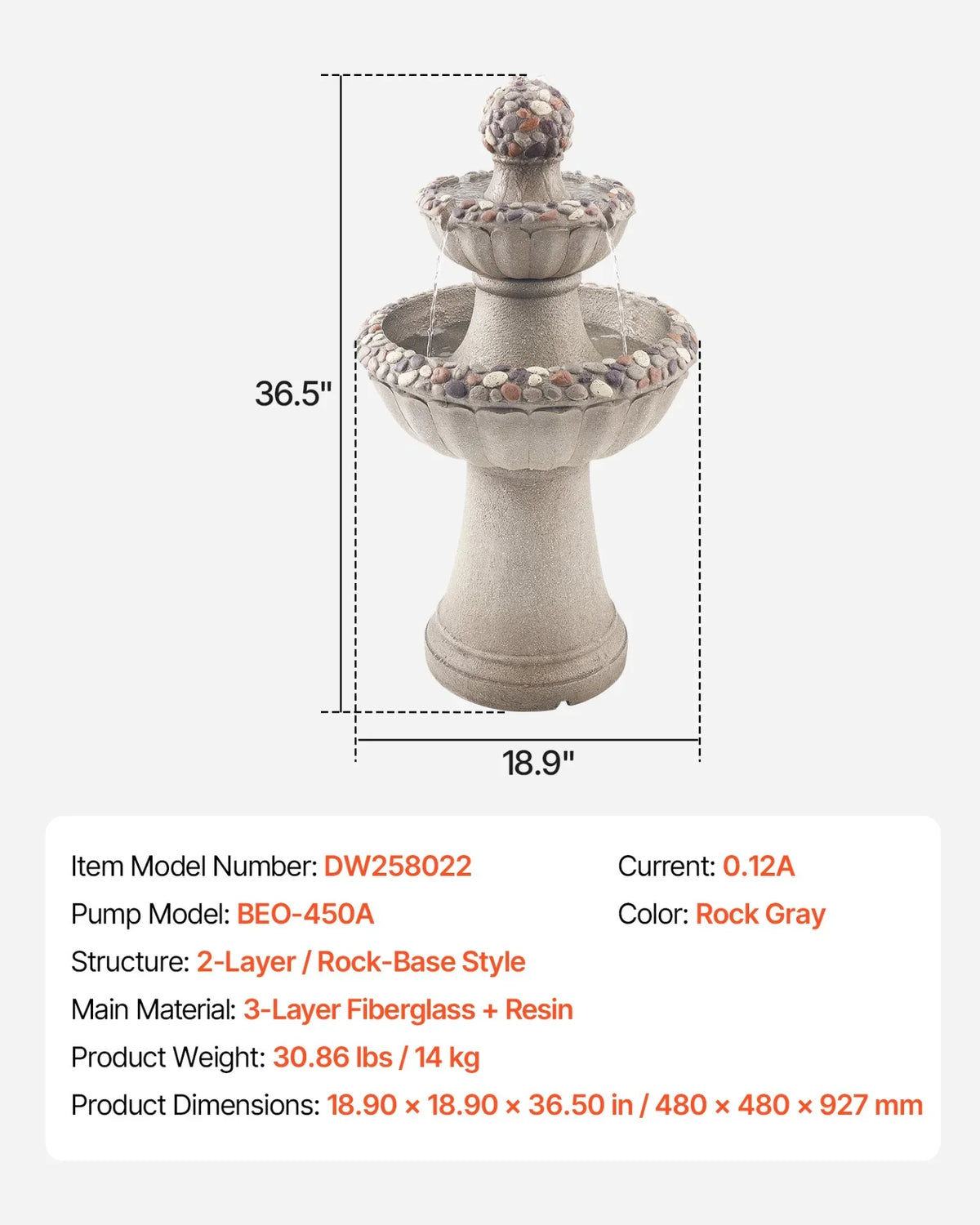 VEVOR Outdoor Water Fountain, 36.5 in Height Fountain and Waterfall, 2-Tier Floor Standing Rock Base Style Fiberglass and Resin Fountains with Pump, for Outdoor Indoor Garden, Home, Patio & Backyard - View 6
