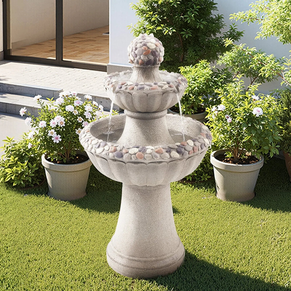 VEVOR Outdoor Water Fountain, 36.5 in Height Fountain and Waterfall, 2-Tier Floor Standing Rock Base Style Fiberglass and Resin Fountains with Pump, for Outdoor Indoor Garden, Home, Patio & Backyard - View 7