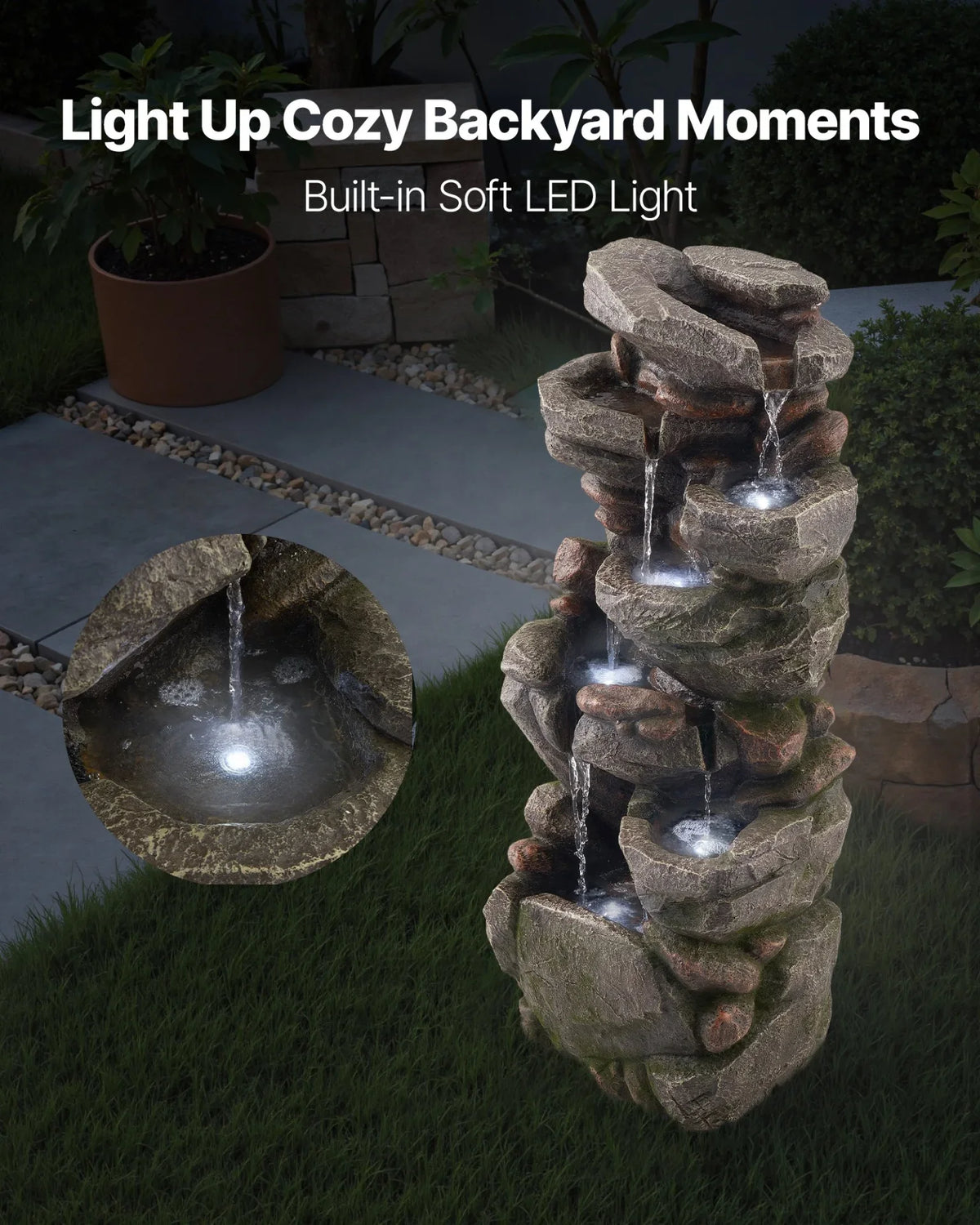 VEVOR Outdoor Water Fountain, 38.98 in Height Fountain and Waterfall, 7-Tier Floor Standing Rock-Shaped Cascading Fountains with LED Light and Pump, for Outdoor Indoor Garden, Home, Patio & Backyard - View 5