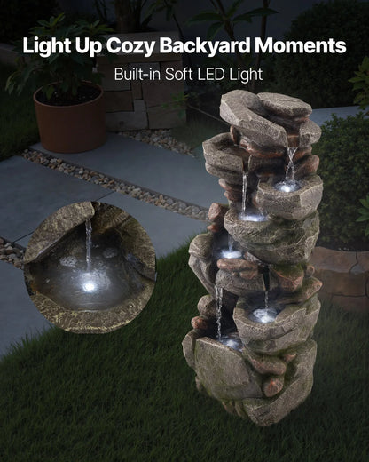 VEVOR Outdoor Water Fountain, 38.98 in Height Fountain and Waterfall, 7-Tier Floor Standing Rock-Shaped Cascading Fountains with LED Light and Pump, for Outdoor Indoor Garden, Home, Patio & Backyard - View 5
