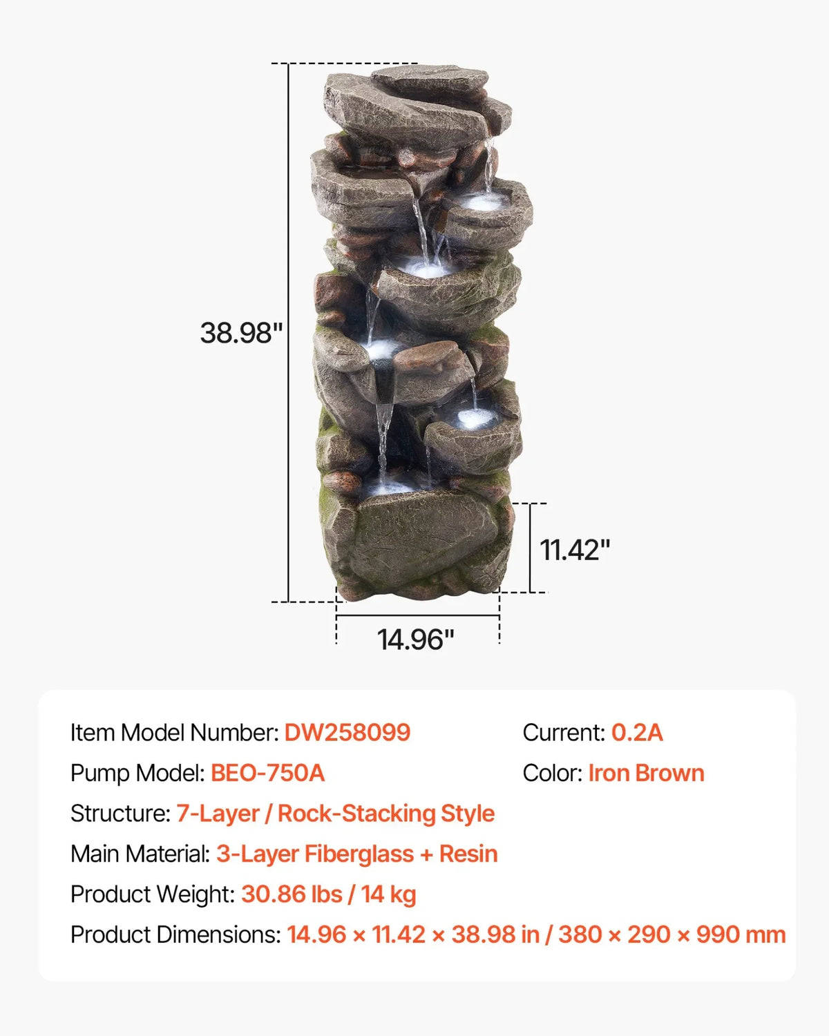 VEVOR Outdoor Water Fountain, 38.98 in Height Fountain and Waterfall, 7-Tier Floor Standing Rock-Shaped Cascading Fountains with LED Light and Pump, for Outdoor Indoor Garden, Home, Patio & Backyard - View 6