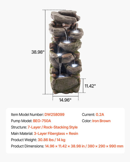 VEVOR Outdoor Water Fountain, 38.98 in Height Fountain and Waterfall, 7-Tier Floor Standing Rock-Shaped Cascading Fountains with LED Light and Pump, for Outdoor Indoor Garden, Home, Patio & Backyard - View 6