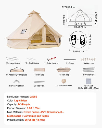 VEVOR Oxford Bell Tent, 4 Seasons 9.84 ft Yurt Tent for Camping with Stove Jack, Waterproof Breathable Holds up to 3 People with Zipped Detachable Floor, Family Camping Glamping Outdoor Hunting Party - View 6