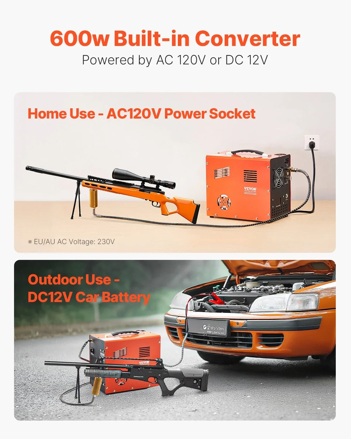 VEVOR PCP Air Compressor, 4500PSI/30Mpa PCP Airgun Compressor with Built-in Converter & Fan Cooling System, Auto Stop DC12V/AC120V Portable Paintball Tank Compressor for Air Rifle, Scuba Diving Bottle - View 3