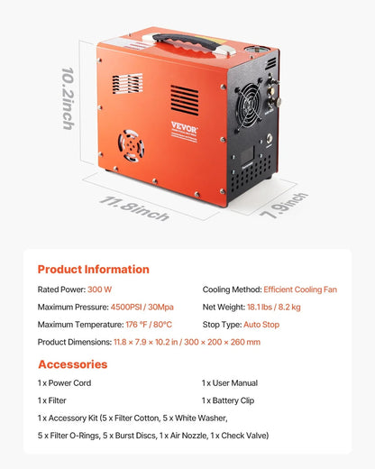 VEVOR PCP Air Compressor, 4500PSI/30Mpa PCP Airgun Compressor with Built-in Converter & Fan Cooling System, Auto Stop DC12V/AC120V Portable Paintball Tank Compressor for Air Rifle, Scuba Diving Bottle - View 6