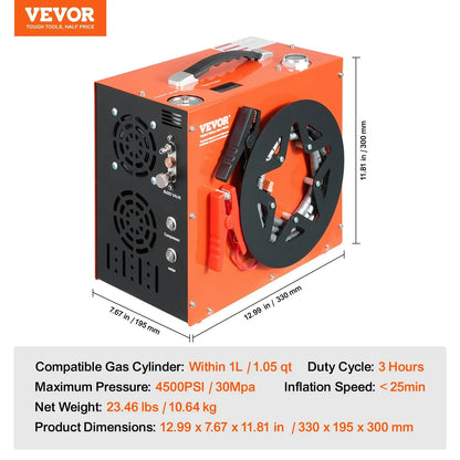 VEVOR PCP Air Compressor, 4500PSI/30Mpa Portable PCP Airgun Compressor - Built-in Water and Fan Cooling System, Auto-Stop | DC12V/AC120V Paintball Tank Compressor for Air Rifle, Scuba Diving Bottle - View 7