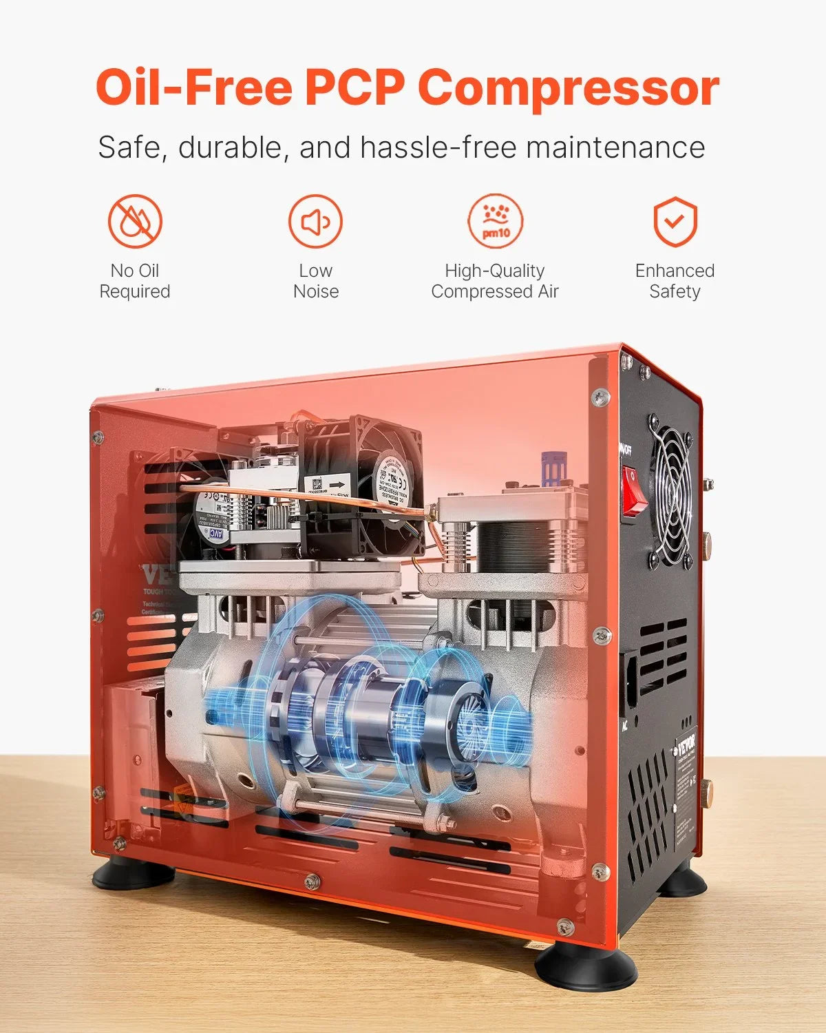VEVOR PCP Air Compressor, 800W Dual-Cylinder PCP Airgun Compressor 4500PSI/30Mpa with Built-in Fan Cooling System, Auto-Stop | Oil Free Paintball Tank Compressor for Air Rifle, Scuba Diving Bottle - View 6