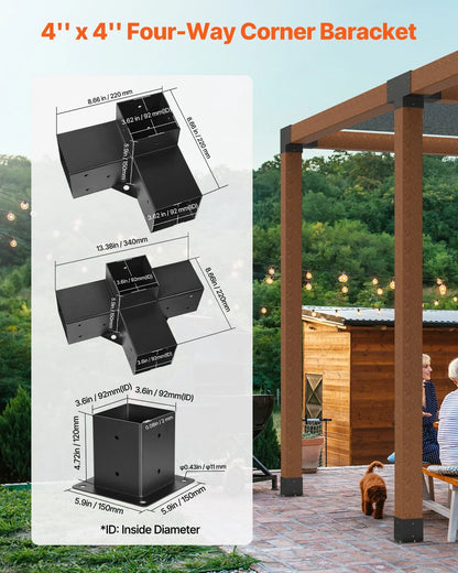 VEVOR Pergola Kit, 4x4 Inch Pergola Brackets for 3.5x3.5 Inch Wood Beams in Actual Dimension, 3-Way (4 Pcs) and 4-Way (2 Pcs) Gazebo Brackets with 6 Post Bases, for Outdoor Pergolas, Gazebos, Sheds