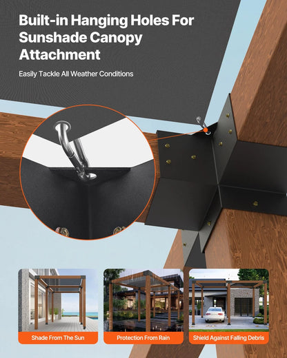VEVOR Pergola Kit, 4x4 Inch Pergola Brackets for 3.5x3.5 Inch Wood Beams in Actual Dimension, 3-Way (4 Pcs) and 4-Way (2 Pcs) Gazebo Brackets with 6 Post Bases, for Outdoor Pergolas, Gazebos, Sheds - View 4