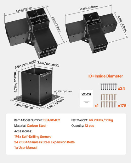 VEVOR Pergola Kit, 4x4 Inch Pergola Brackets for 3.5x3.5 Inch Wood Beams in Actual Dimension, 3-Way (4 Pcs) and 4-Way (2 Pcs) Gazebo Brackets with 6 Post Bases, for Outdoor Pergolas, Gazebos, Sheds - View 6