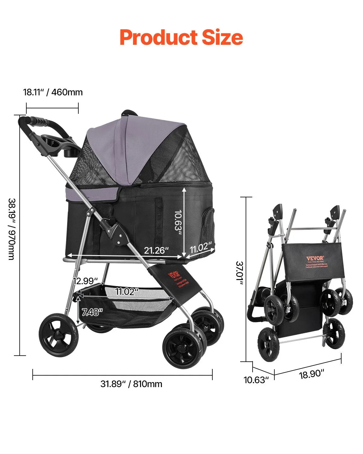 VEVOR Pet Stroller, 35 lbs Weight Capacity, Foldable Dog Stroller Cart, 4 Wheels Cats Pram with Detachable Carrier & Mesh Windows, Portable Animal Carrier with Brake for Small to Medium Pets - View 2