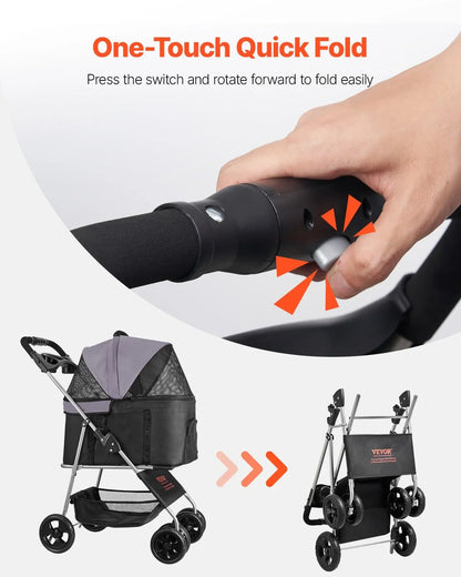 VEVOR Pet Stroller, 35 lbs Weight Capacity, Foldable Dog Stroller Cart, 4 Wheels Cats Pram with Detachable Carrier & Mesh Windows, Portable Animal Carrier with Brake for Small to Medium Pets - View 6