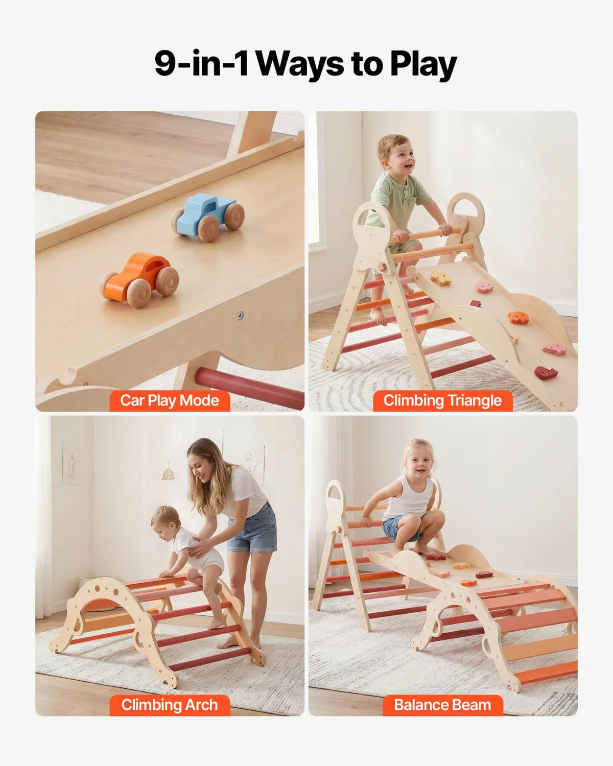 VEVOR Pikler Triangle Set, 9-in-1 Toddler Climbing Toys Indoor, with 2 Wooden Cars, Cushion, Triangle, Arch, and Ramp, 150 lbs Load, Foldable Montessori Climbing Set for Toddlers and Kids, Orange - View 2