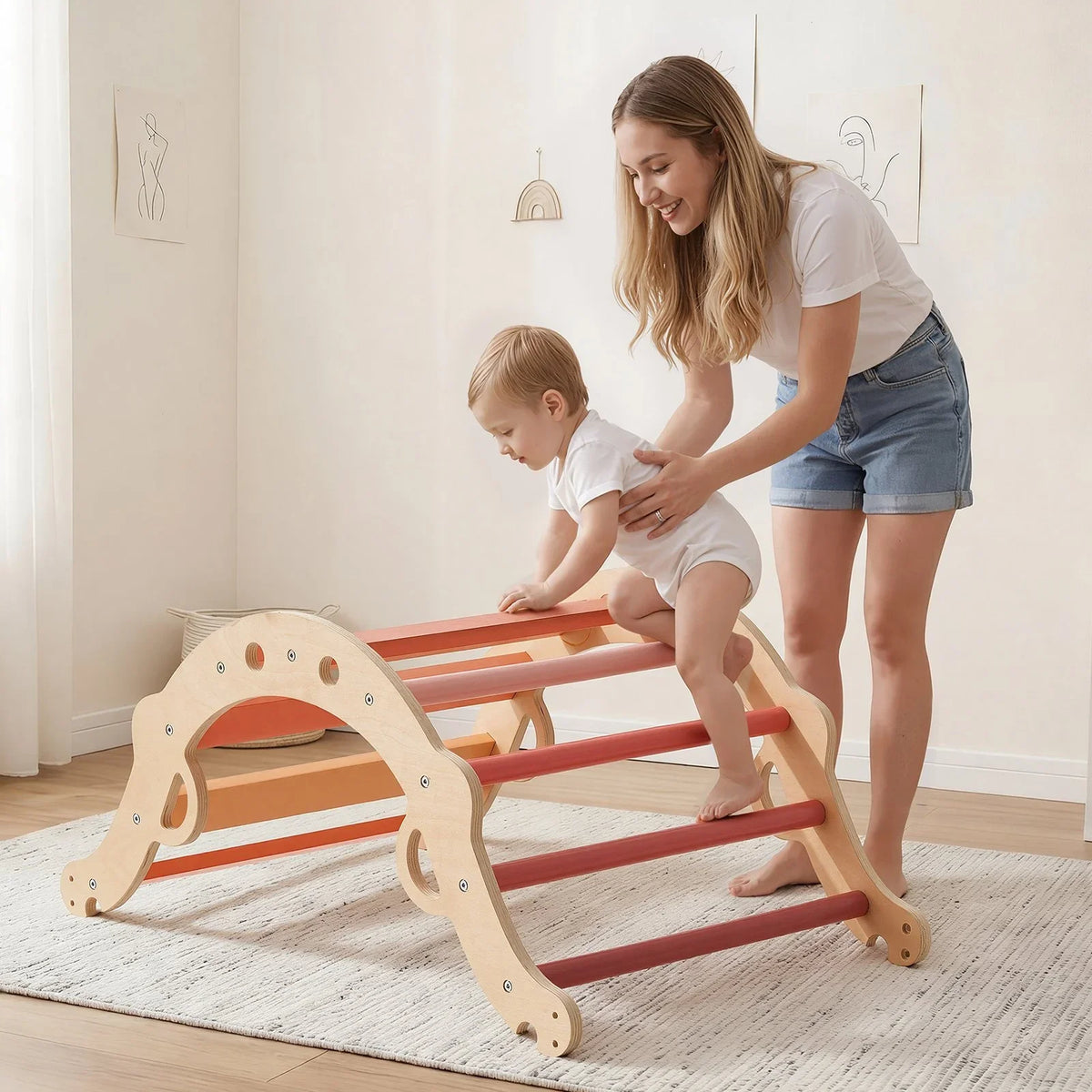 VEVOR Pikler Triangle Set, 9-in-1 Toddler Climbing Toys Indoor, with 2 Wooden Cars, Cushion, Triangle, Arch, and Ramp, 150 lbs Load, Foldable Montessori Climbing Set for Toddlers and Kids, Orange - View 7