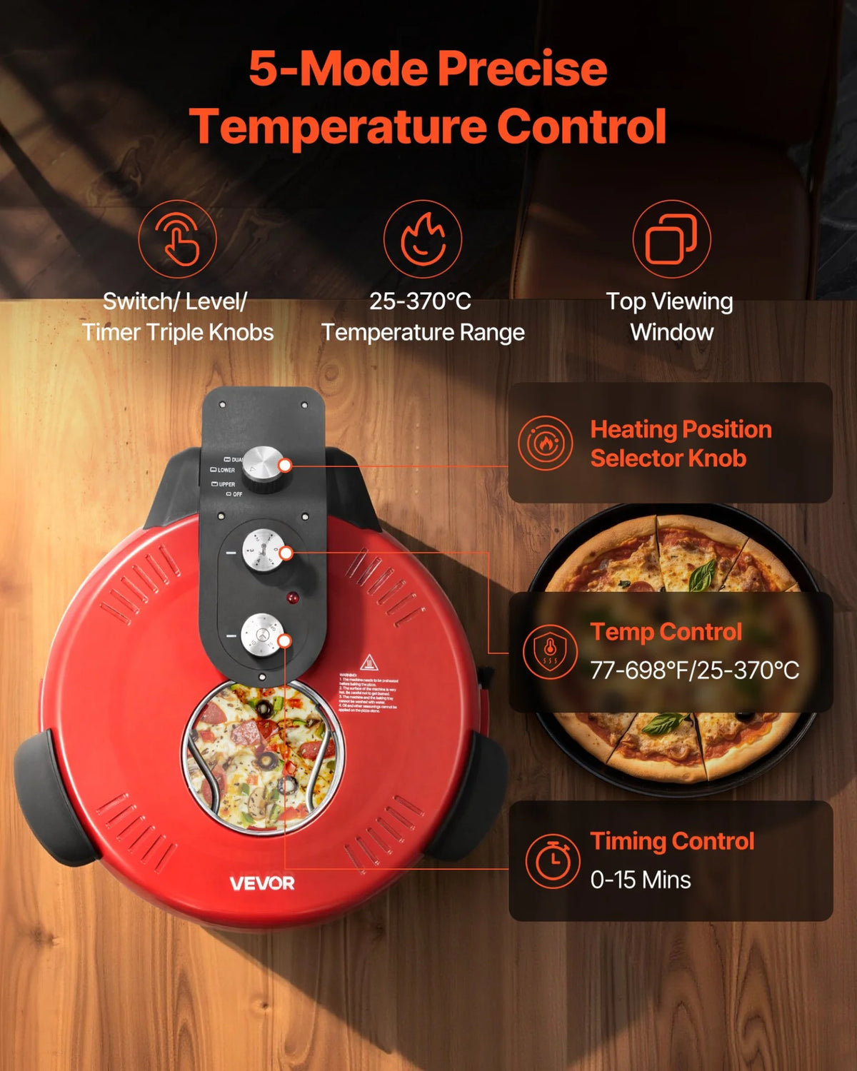 VEVOR Pizza Oven, 14 in Electric Pizza Maker, 1600W Electric Pizzas Cooker with Cordierite Stone, 5-Mode Temperature Control, Viewing Window for Precise Cooking, Heats up to 698 ˚F, for Home Kitchen - View 3