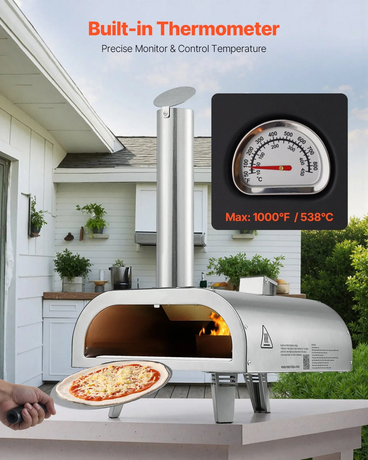 VEVOR Pizza Oven Outdoor, 12" Pellet Pizza Oven, Portable Pizza-Stove with Built-in Thermometer, Wood Fired Stainless Steel Pizza-Maker, for Backyard, Camping, Pizza-Stone, Shovel, Carry Bag, Silver - View 3