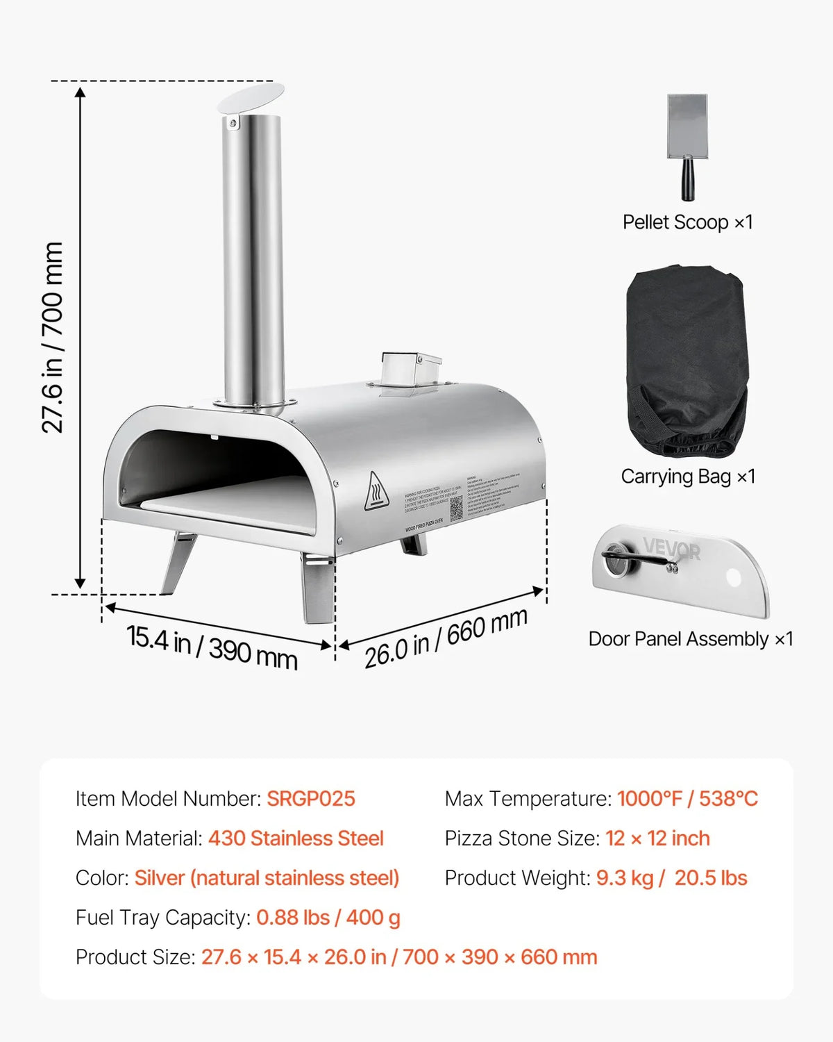 VEVOR Pizza Oven Outdoor, 12" Pellet Pizza Oven, Portable Pizza-Stove with Built-in Thermometer, Wood Fired Stainless Steel Pizza-Maker, for Backyard, Camping, Pizza-Stone, Shovel, Carry Bag, Silver - View 6