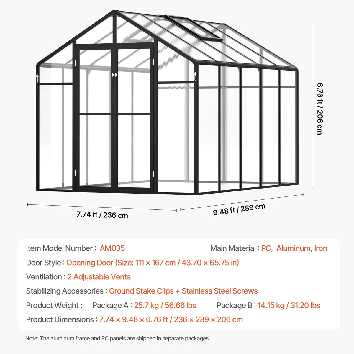 VEVOR Polycarbonate Greenhouse, 8 x 10 Ft, Outdoor Greenhouse with 2 Vent Windows, Pavilion Styled Greenhouse with Hinged Door, Aluminum Large Walk-in Greenhouse Kit for Outside Garden Backyard - View 6