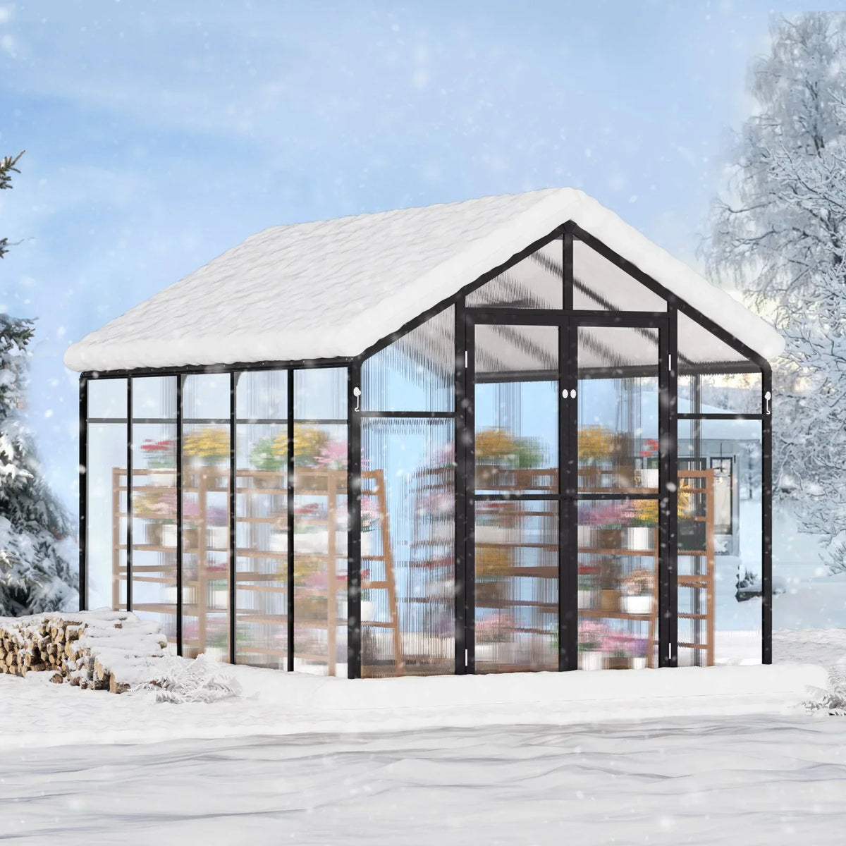 VEVOR Polycarbonate Greenhouse, 8 x 10 Ft, Outdoor Greenhouse with 2 Vent Windows, Pavilion Styled Greenhouse with Hinged Door, Aluminum Large Walk-in Greenhouse Kit for Outside Garden Backyard - View 7