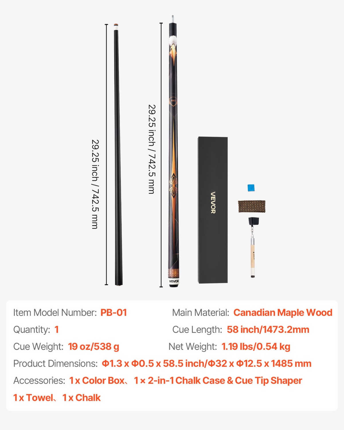 VEVOR Pool Cue, 1 Piece Pool Stick, 58 inch & 19 oz Canadian Maple Wood Billiard Pools Cue Stick with Multi-Layer Tip & ABS Connection Ring, Cues Sticks for Professional Pool Table, Bar, Home, Office - View 6