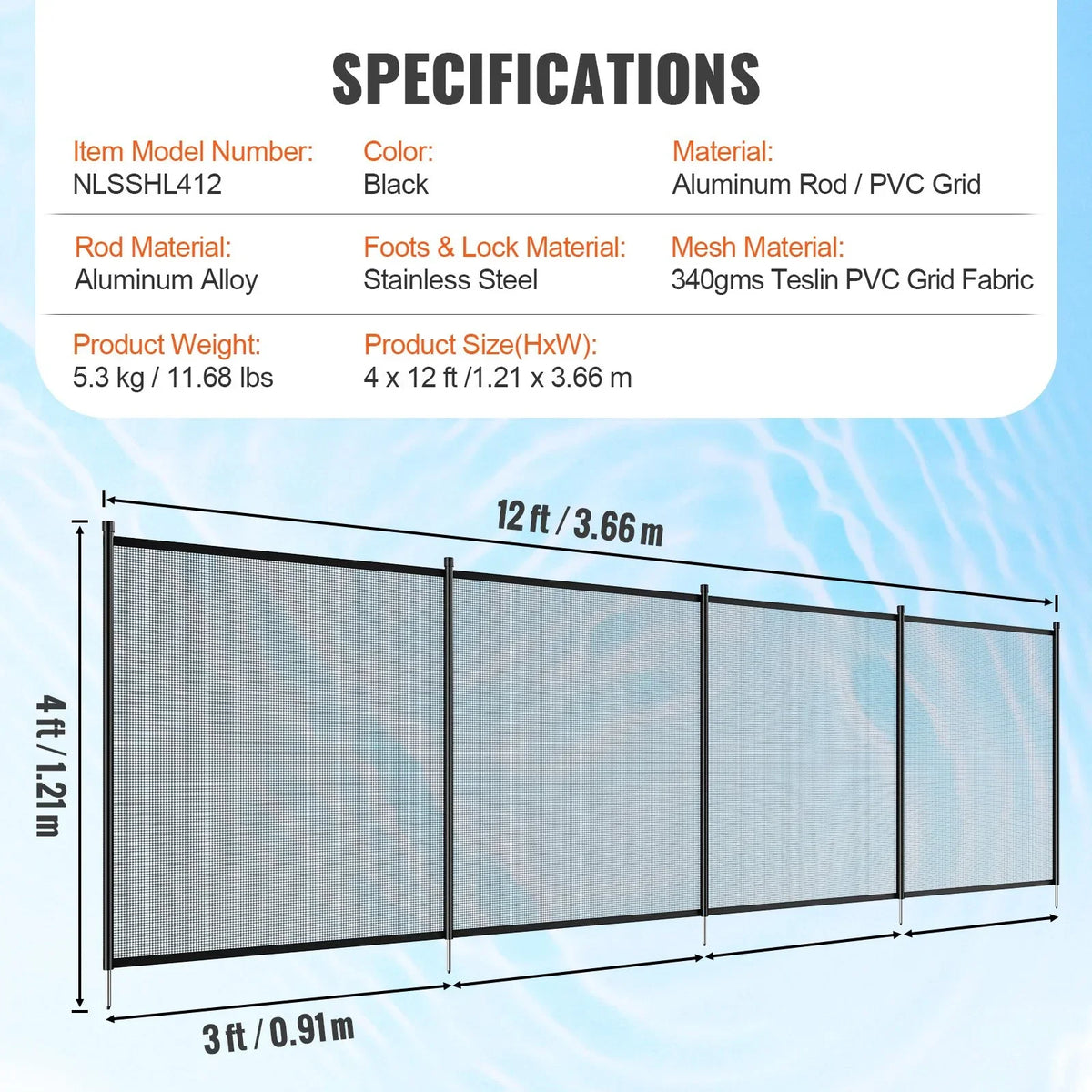 VEVOR Pool Fence, 4 x 12 FT Pool Fences for Inground Pools, Removable Child Safety Pool Fencing, Easy DIY Installation Swimming Pool Fence, 340gms Teslin PVC Pool Fence Mesh Protects Kids and Pets - View 6
