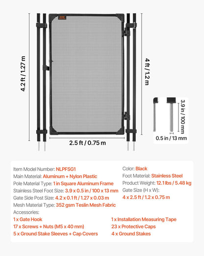 VEVOR Pool Fence Gate, 4 x 2.5 ft Inground Swimming Pool Fences Gate, Outdoor Security Fencing Door Kit with Metal Latch and Stopper, 352 gsm Teslin PVC Mesh, Square Tube, Easy Installation, Black - View 6