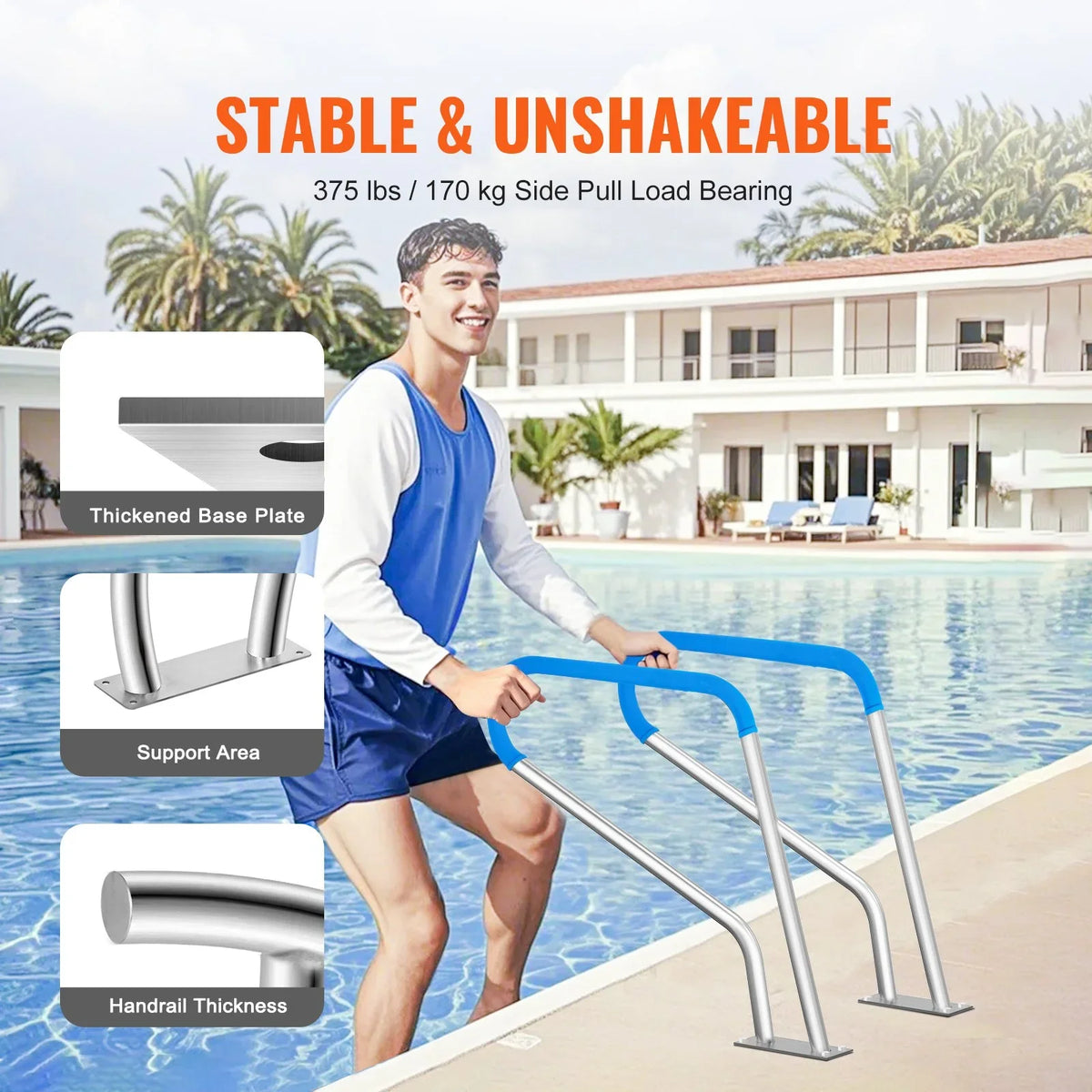 VEVOR Pool Handrail, 39 x 32 inch Pool Railing, Stainless Steel with Base Plate for Indoor/Outdoor Pools,Swimming Pool Safety Railing for Decks,Rust-Proof Grab Bar w/ Grip Cover&Accessories for Spas - View 3