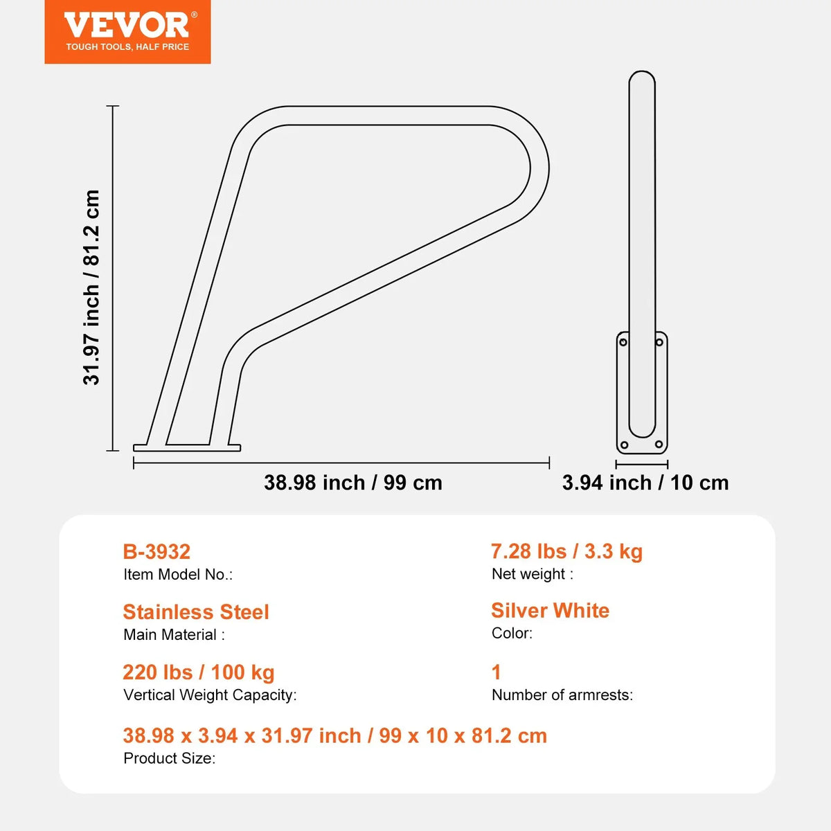VEVOR Pool Handrail, 39 x 32 inch Pool Railing, Stainless Steel with Base Plate for Indoor/Outdoor Pools,Swimming Pool Safety Railing for Decks,Rust-Proof Grab Bar w/ Grip Cover&Accessories for Spas - View 6