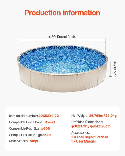 VEVOR Pool Liner, 30ft Round Pool Liner, Uinbead Style, Durable Vinyl Pool Liner, Standard Gauge, 52in Wall Height, Pool Liner Replacement for Steel Sided Above-Ground Swimming Pools - View 5