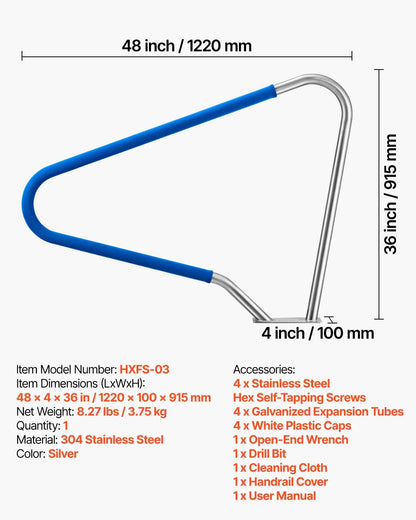 VEVOR Pool Rail, 48 x 36 inch Pool Handrail, 220 lbs Load Capacity Heavy Duty 304 Stainless Steel Swimming Handrail, Detachable Nonslip Sleeve, Rich Accessories, for Poolside, Water Parks, Spa Centers - View 6