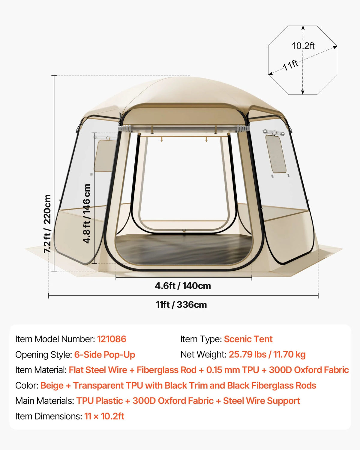 VEVOR Pop up Bubble Tent, 11 x 10.2 ft Waterproof & UV-Resistant, Clear Camping Tent Shelter, Outdoor Garden Dome Igloo Tents with Windows, 540° Panoramic View, for 8-10 Persons Patio Backyard - View 6
