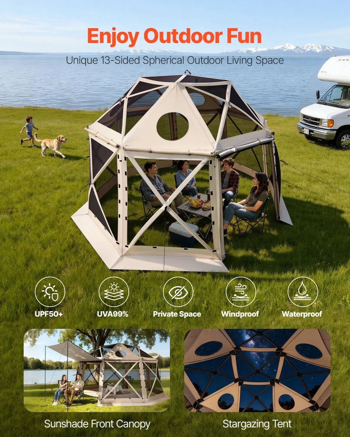 VEVOR Pop up Gazebo Screen Tent, 12 x 12 ft, 13-Sided Spherical Camping Canopy Tent with Removable Top & Carry Bag, Quick-Set & Bite-Proof, Screen House Sun Shelter for 8-10 Persons, Beige - View 2