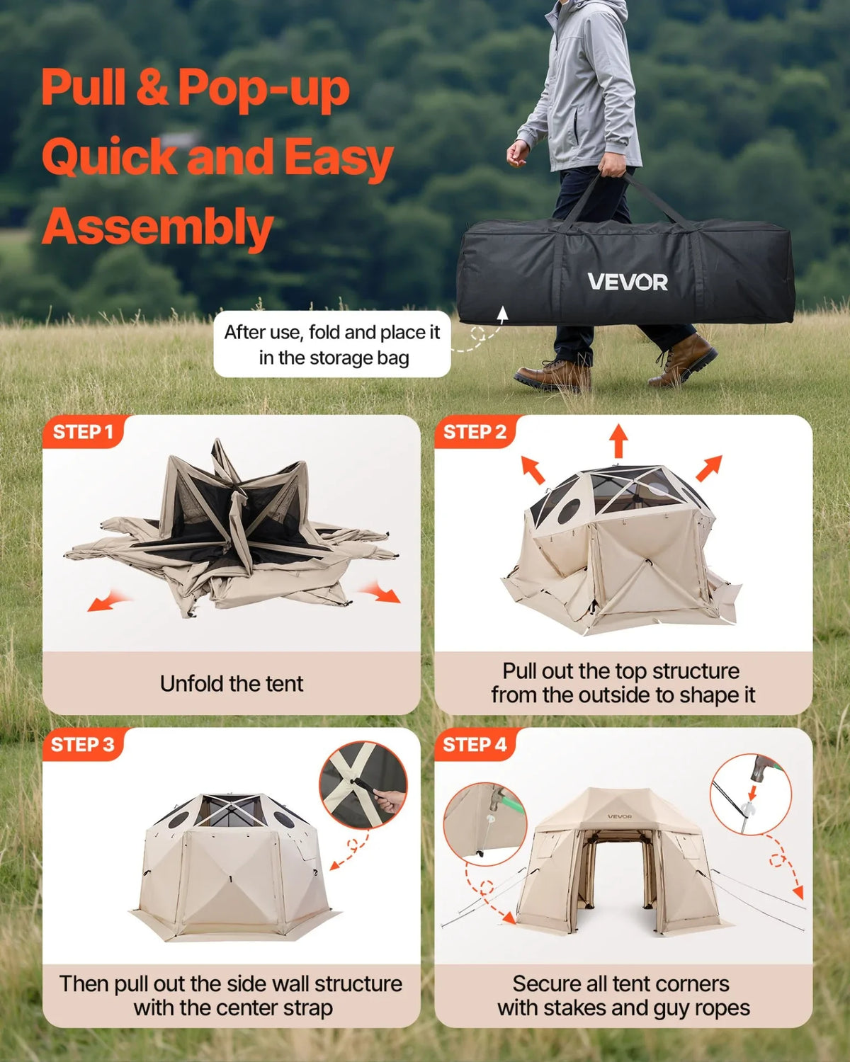 VEVOR Pop up Gazebo Screen Tent, 12 x 12 ft, 13-Sided Spherical Camping Canopy Tent with Removable Top & Carry Bag, Quick-Set & Bite-Proof, Screen House Sun Shelter for 8-10 Persons, Beige - View 4