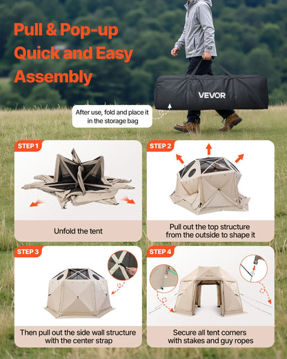 VEVOR Pop up Gazebo Screen Tent, 12 x 12 ft, 13-Sided Spherical Camping Canopy Tent with Removable Top & Carry Bag, Quick-Set & Bite-Proof, Screen House Sun Shelter for 8-10 Persons, Beige - View 4