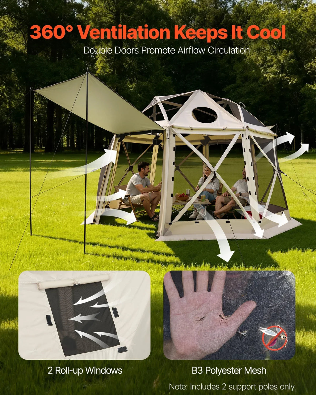 VEVOR Pop up Gazebo Screen Tent, 12 x 12 ft, 13-Sided Spherical Camping Canopy Tent with Removable Top & Carry Bag, Quick-Set & Bite-Proof, Screen House Sun Shelter for 8-10 Persons, Beige - View 5