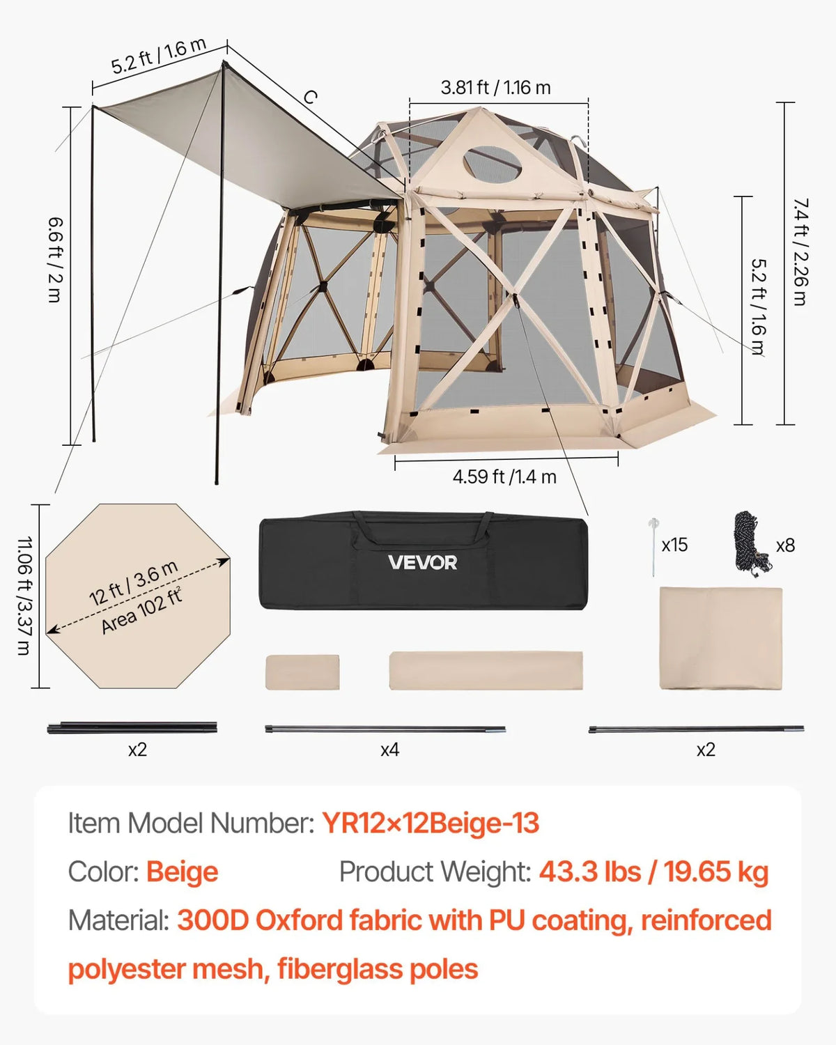 VEVOR Pop up Gazebo Screen Tent, 12 x 12 ft, 13-Sided Spherical Camping Canopy Tent with Removable Top & Carry Bag, Quick-Set & Bite-Proof, Screen House Sun Shelter for 8-10 Persons, Beige - View 6