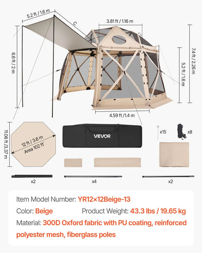 VEVOR Pop up Gazebo Screen Tent, 12 x 12 ft, 13-Sided Spherical Camping Canopy Tent with Removable Top & Carry Bag, Quick-Set & Bite-Proof, Screen House Sun Shelter for 8-10 Persons, Beige - View 6