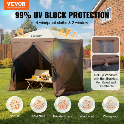 VEVOR Pop Up Gazebo Tent, Pop-Up Screen Tent 4 Sided Canopy Sun Shelter with 4 Removable Privacy Wind Cloths & Mesh Windows, 6x6FT Quick Set Screen Tent with Mosquito Netting, Brown - View 2