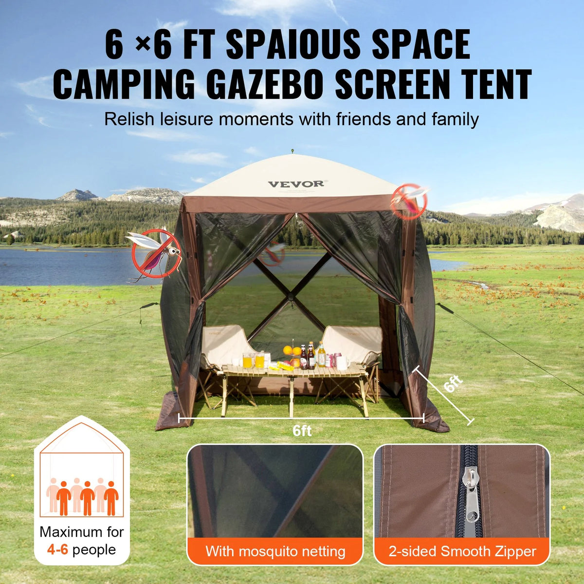 VEVOR Pop Up Gazebo Tent, Pop-Up Screen Tent 4 Sided Canopy Sun Shelter with 4 Removable Privacy Wind Cloths & Mesh Windows, 6x6FT Quick Set Screen Tent with Mosquito Netting, Brown - View 6