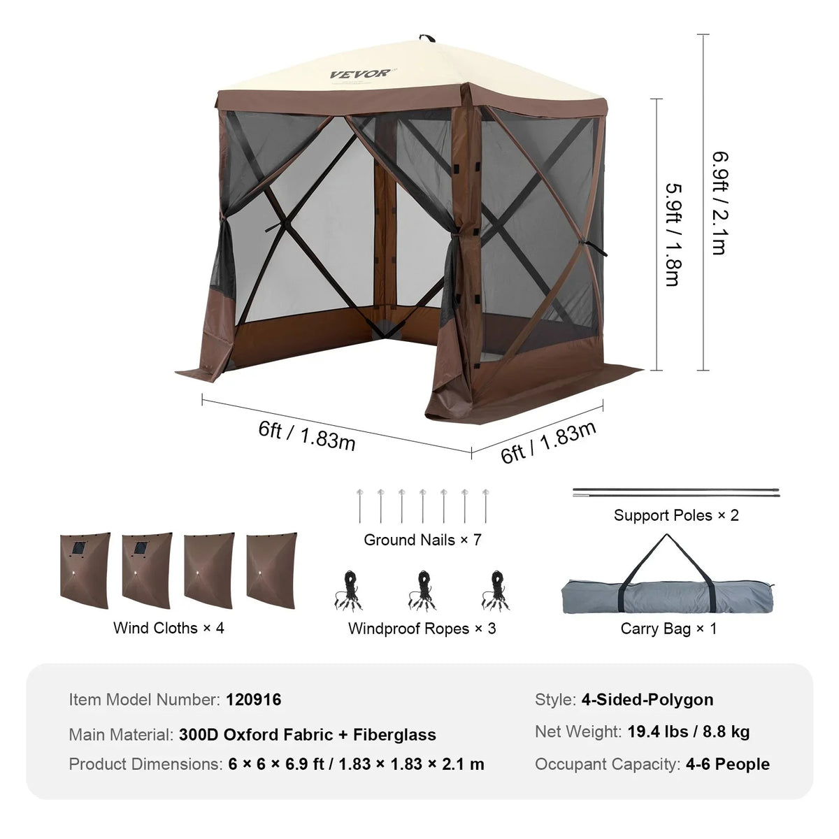 VEVOR Pop Up Gazebo Tent, Pop-Up Screen Tent 4 Sided Canopy Sun Shelter with 4 Removable Privacy Wind Cloths & Mesh Windows, 6x6FT Quick Set Screen Tent with Mosquito Netting, Brown - View 7