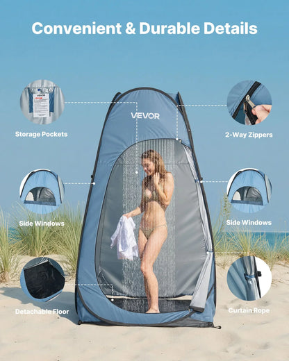 VEVOR Pop up Shower Tent, Instant Portable Privacy Tent Changing Room with Ground Stakes, Ropes, and Carry Bag, 190T Polyester with Silver Coating, Quick Setup, for Camping, Beach, Fishing, Blue - View 4