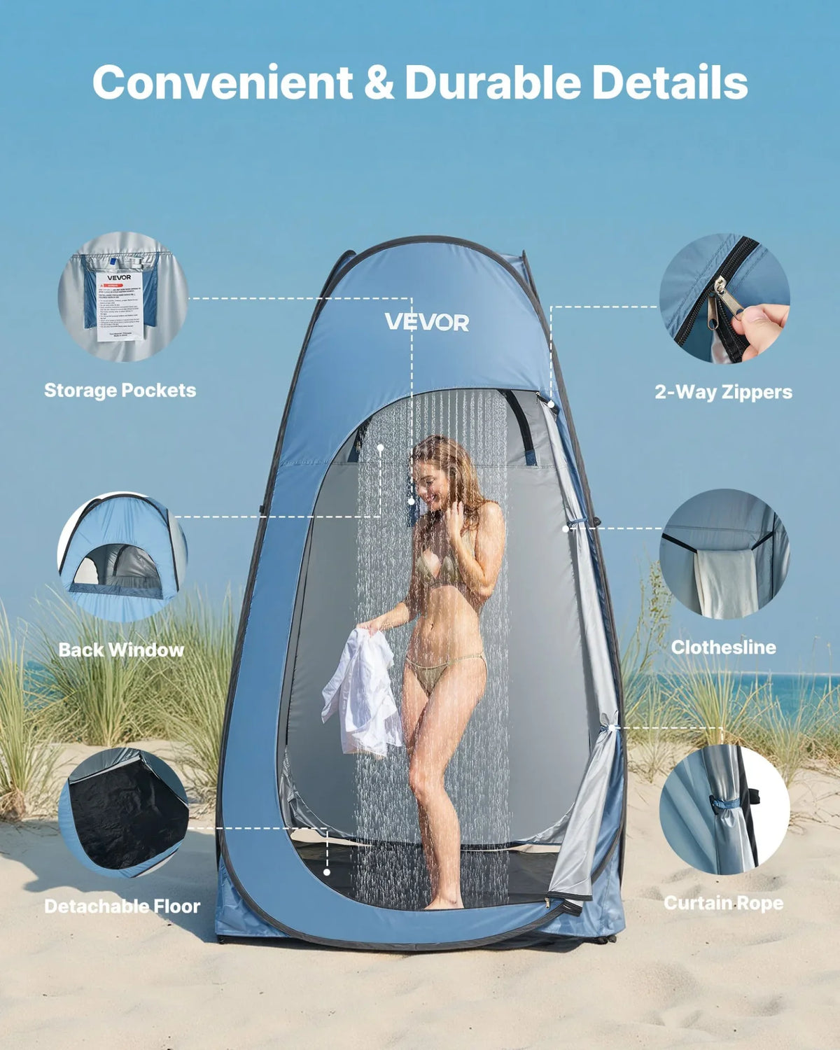 VEVOR Pop up Shower Tent, Instant Portable Privacy Tent Changing Room with Hanging Bag, Ground Stakes, Ropes, Carry Bag, 190T Polyester with Silver Coating, Quick Setup, for Camping, Beach, Fishing - View 4
