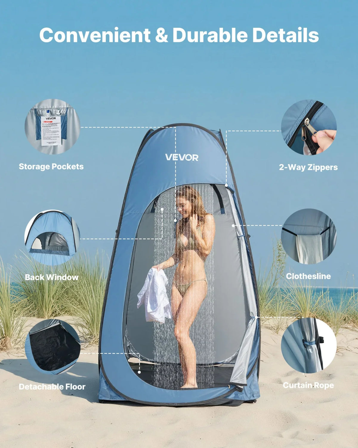VEVOR Pop up Shower Tent, Instant Portable Privacy Tent Changing Room with Shower Bag, Ground Stakes, Ropes, Carry Bag, 190T Polyester with Silver Coating, Quick Setup, for Camping, Beach, Fishing - View 4