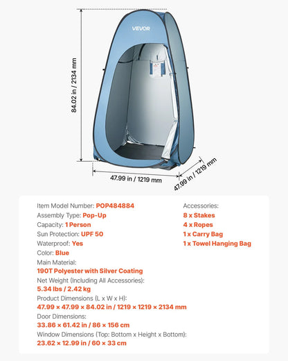 VEVOR Pop up Shower Tent, Instant Portable Privacy Tent Changing Room with Hanging Bag, Ground Stakes, Ropes, Carry Bag, 190T Polyester with Silver Coating, Quick Setup, for Camping, Beach, Fishing - View 6