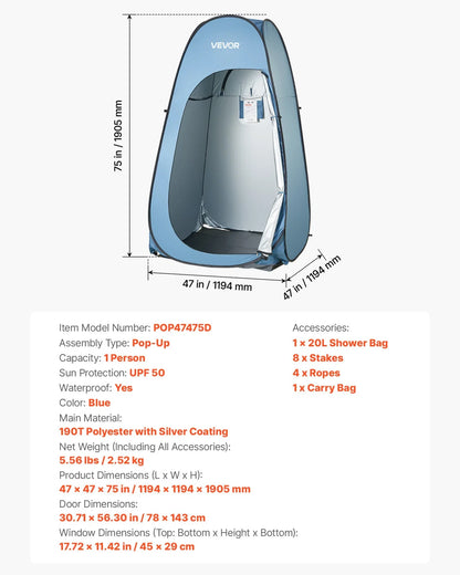 VEVOR Pop up Shower Tent, Instant Portable Privacy Tent Changing Room with Shower Bag, Ground Stakes, Ropes, Carry Bag, 190T Polyester with Silver Coating, Quick Setup, for Camping, Beach, Fishing - View 6