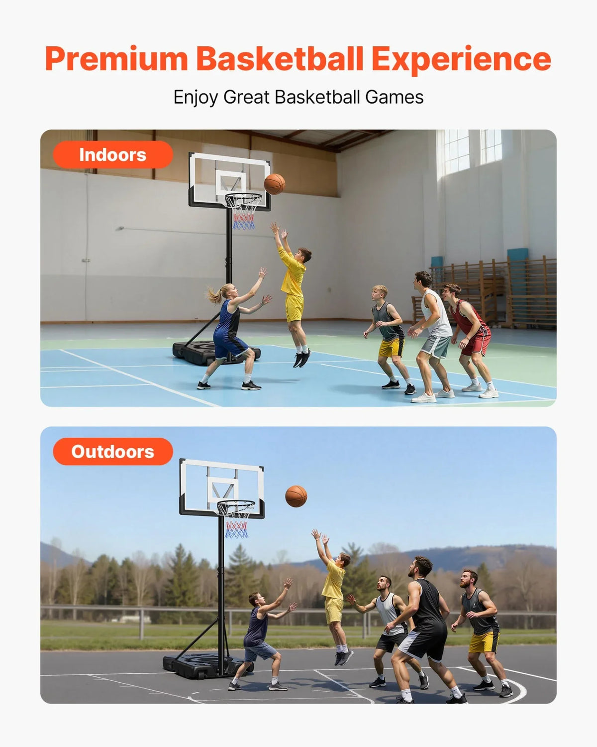 VEVOR Portable Basketball Stand, 10 ft Height Adjustment Basketball Hoop & Goal, Portable Basketballs Hoop with 48 inch PC Backboard & Wheels for Kids, Teens, Adults in Driveways, Pools, Schools - View 2