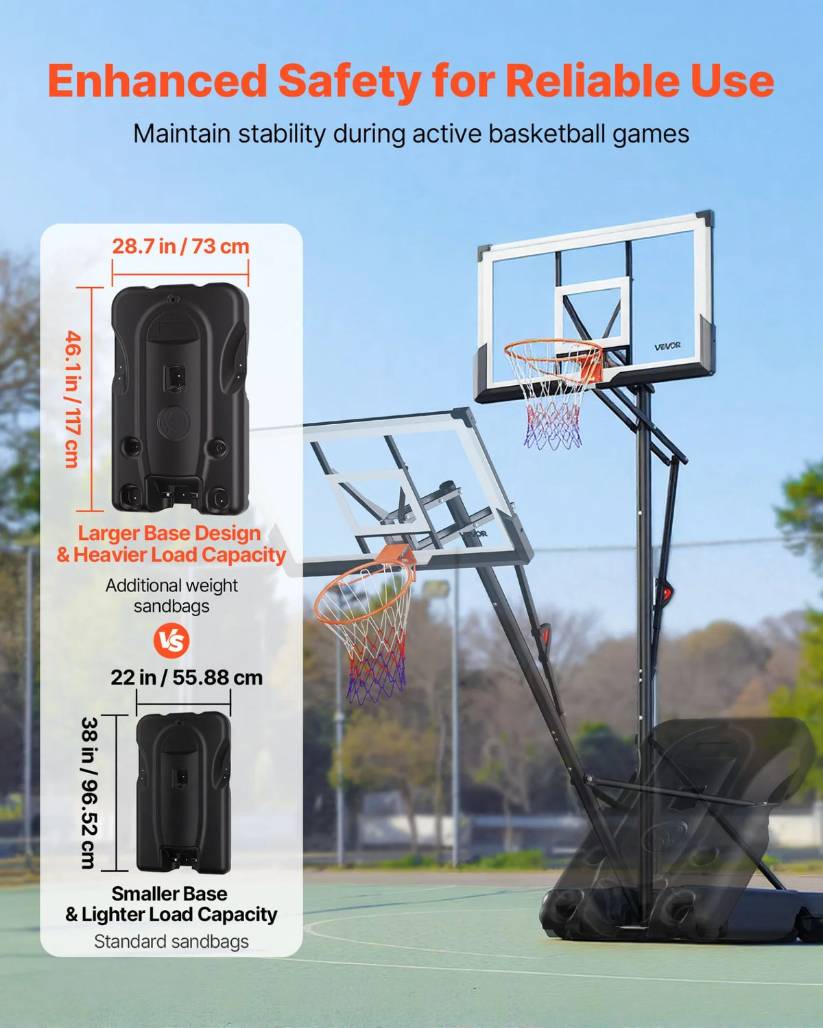 VEVOR Portable Basketball Stand, 10 ft Height Adjustment Basketball Hoop & Goal, Portable Basketballs Hoop with 54 inch PC Backboard & Wheels for Kids, Teens, Adults in Driveways, Pools, Schools - View 3