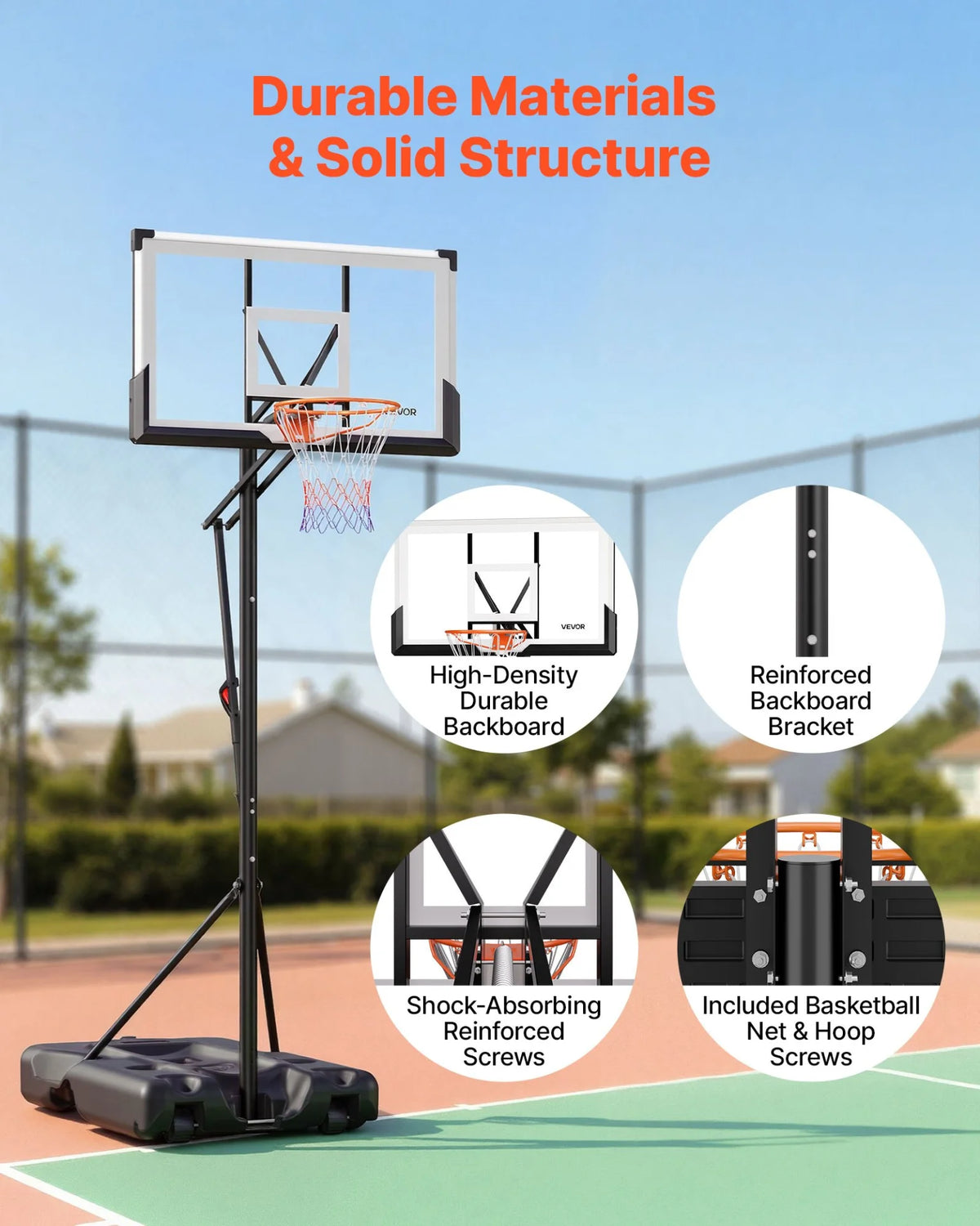 VEVOR Portable Basketball Stand, 10 ft Height Adjustment Basketball Hoop & Goal, Portable Basketballs Hoop with 54 inch PC Backboard & Wheels for Kids, Teens, Adults in Driveways, Pools, Schools - View 4